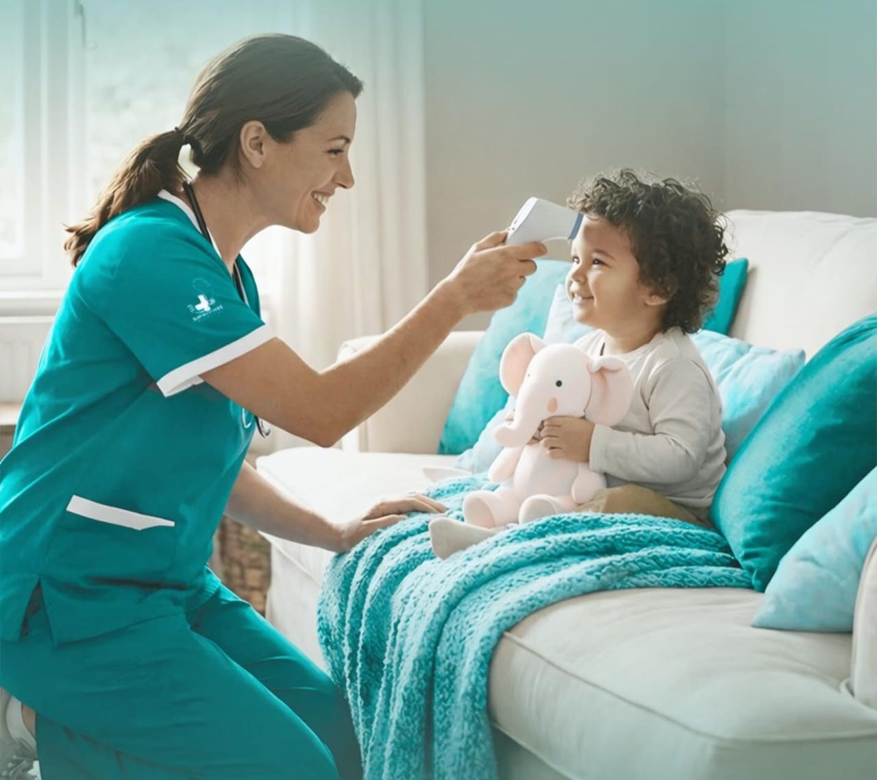 A Medora nurse checking a young child’s temperature at home while the child holds a soft toy