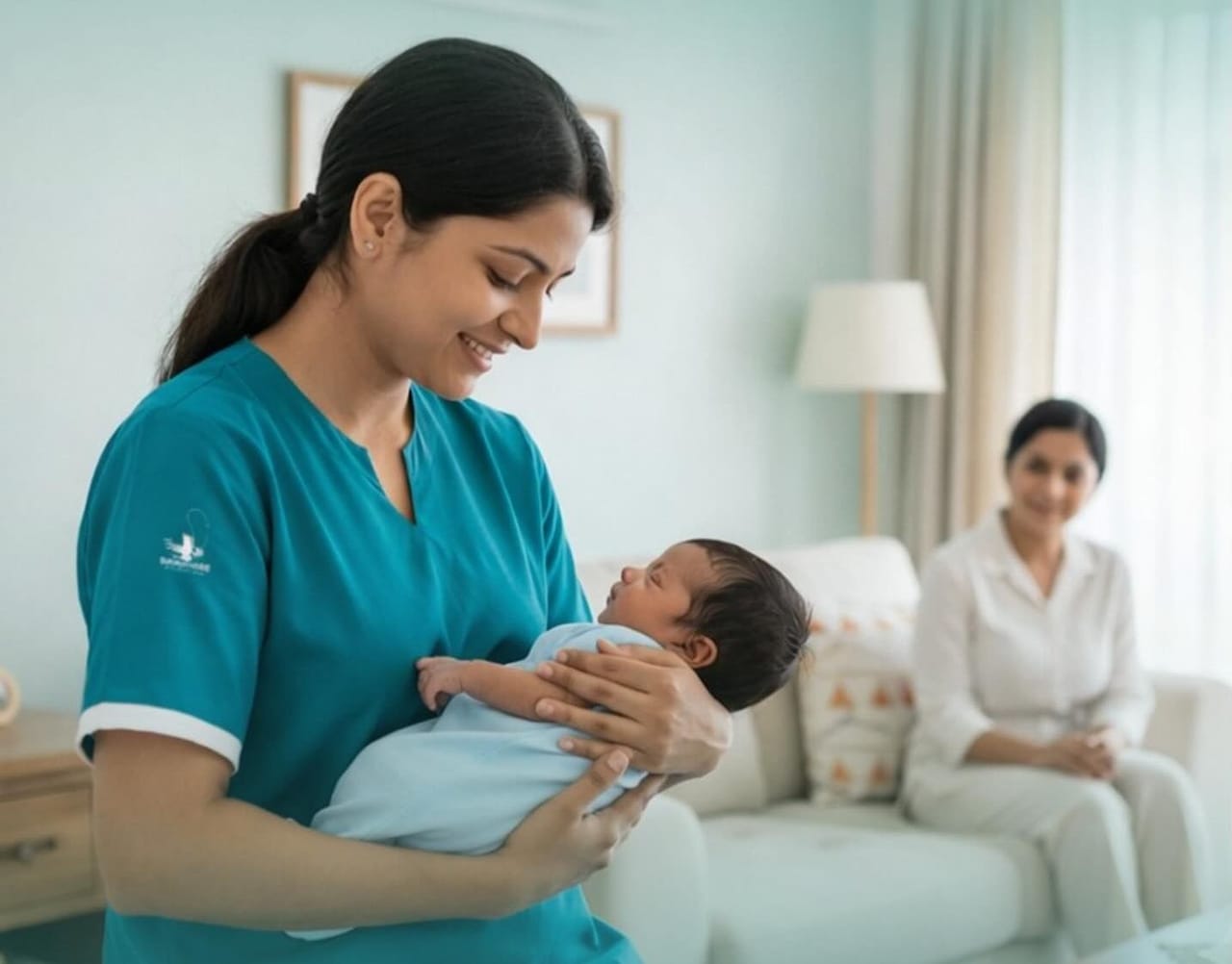 A Medora nurse holding a sleeping newborn in a family living room