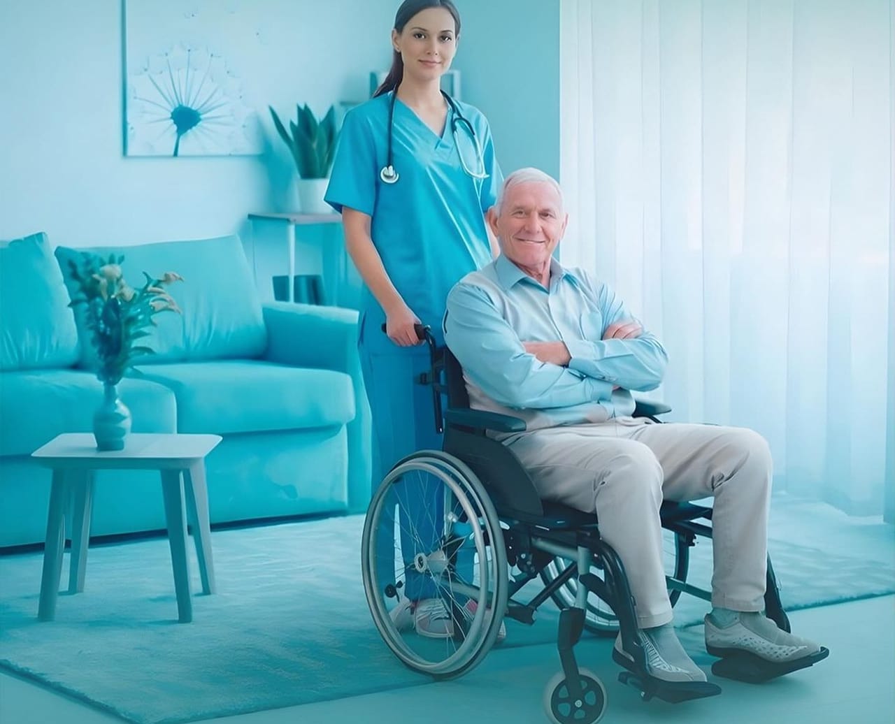 A Medora nurse assisting a man in a wheelchair in the living room of his home